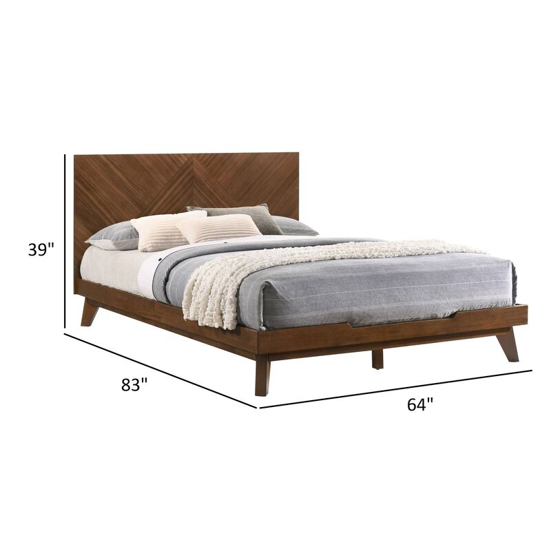 Soer Queen Bed, Chevron Pattern Tall Headboard, Walnut Brown Solid Wood - Benzara