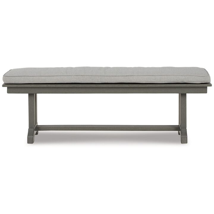 Vrai 54 Inch Outdoor Bench, Gray Wood Frame, Trestle Base, Cushioned Seat-Benzara