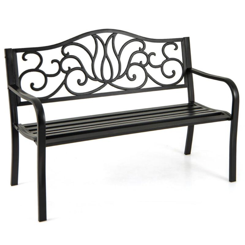 Hivvago 50 Inches Outdoor Garden Bench with Floral Design Backrest and Slatted Seat