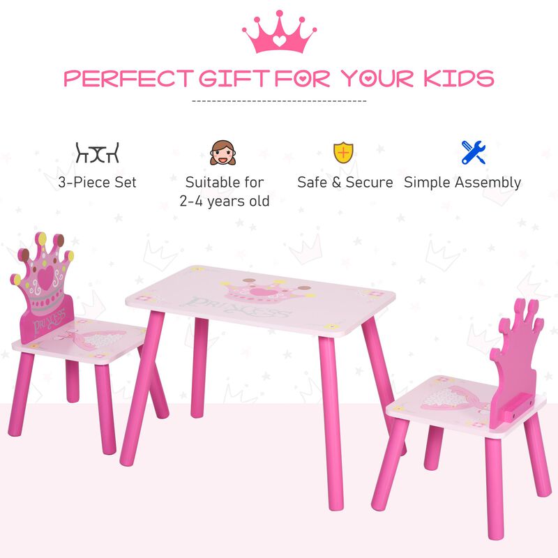 3-Piece Set Kids Wooden Table Chair with Crown Pattern Easy to Clean Gift for Girls Toddlers Age 3 to 8 Years Old Pink