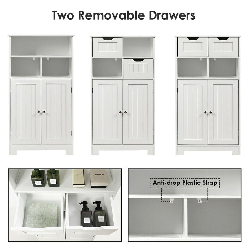 Costway Bathroom Floor Cabinet Wooden Storage Organizer Side Cabinet W/2 Drawer 2 Doors