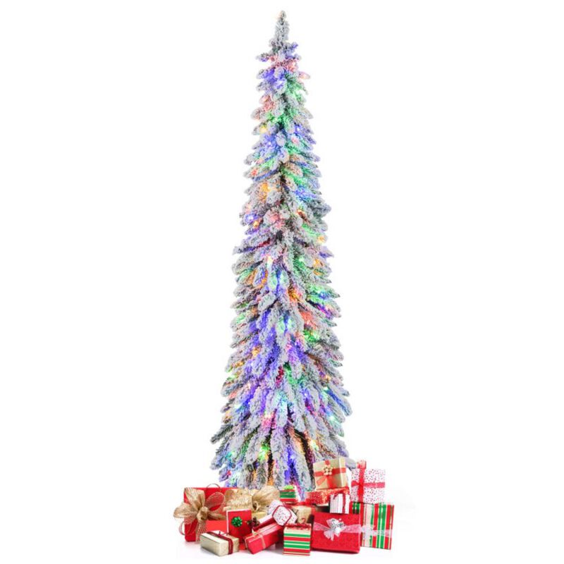 Pre-Lit Artificial Christmas Tree Snow-Flocked Slim Pencil Xmas Decor