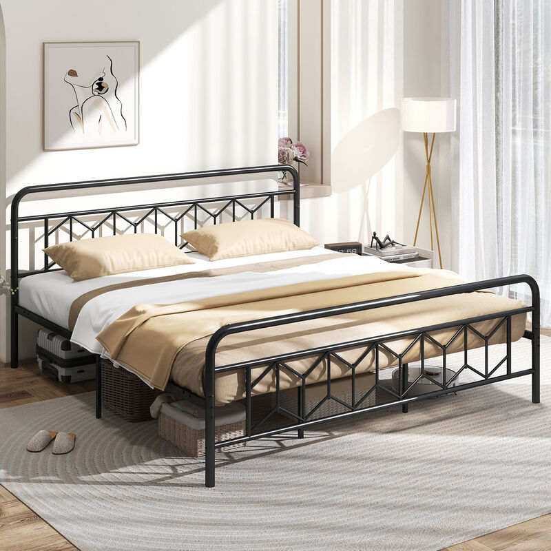 Platform Bed with High Headboard and Snap Lock Metal Slats Support