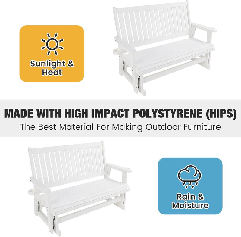 Outdoor HIPS Patio Glider Bench with Cup Holders, All-Weather Resistant, High Backrest and Deep Contoured Seat, Heavy Duty 900 LB for Porch, Garden (3-Seat) image number 4