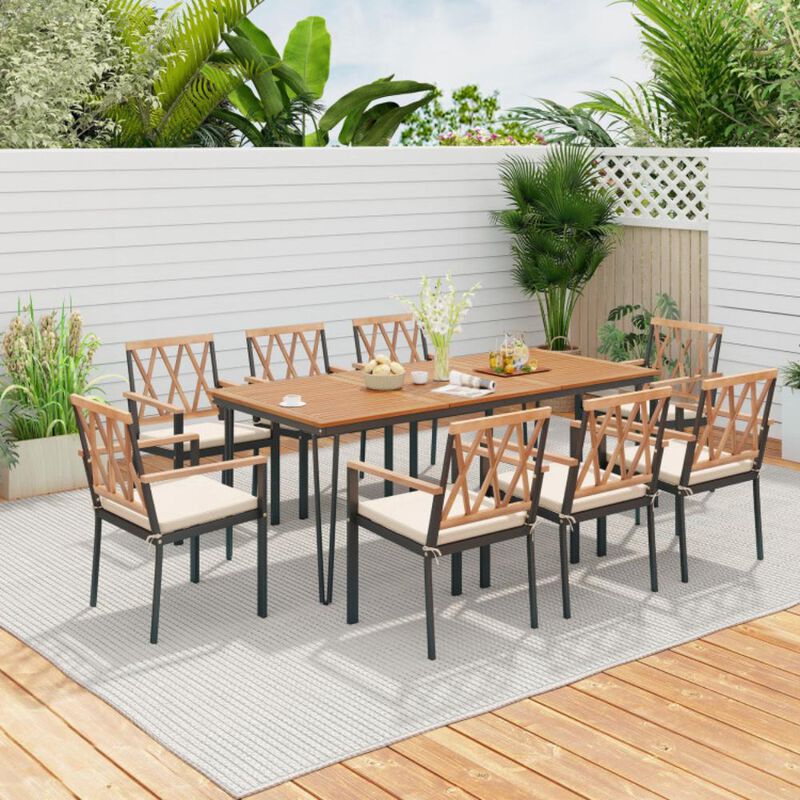 Hivvago 9-Piece Patio Dining Set 35.5 Inch Acacia Wood Table with Umbrella Hole and 22.5-Inch Wide Chairs