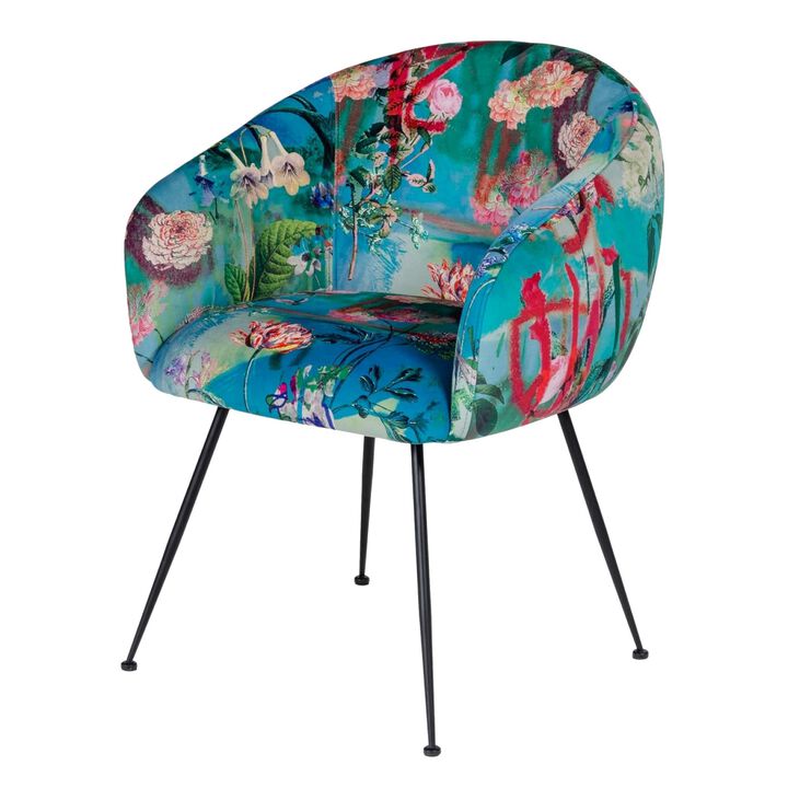 Curved Floral Pattern Fabric Dining Chair with Metal Legs, Blue-Benzara