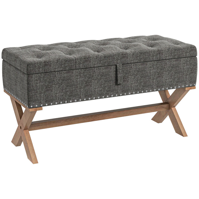 HOMCOM 35.75" End of Bed Bench with Button Tufted Design, Upholstered Ottoman Bench with Wood Legs for Bedroom, Gray