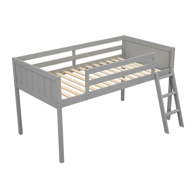 Whisen Elegant Design Twin Size Wood Low Loft Bed with Convertible Ladder