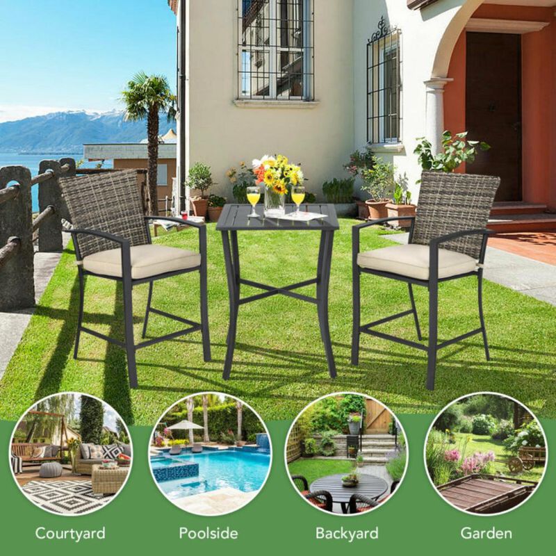 Hivvago 3 Pieces Rattan Bar Furniture Set with Slat Table and 2 Cushioned Stools