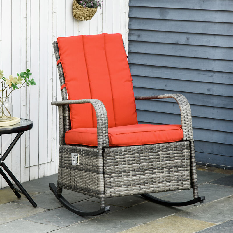 Outsunny Outdoor Rattan Rocking Chair Patio Recliner with Soft Cushions, Adjustable Footrest, Max. 135 Degree Backrest, PE Wicker, Red