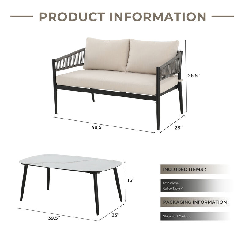 Rust-Proof Iron Loveseat & Coffee Table Set, Rope Weave, Beige Cushion image number 3