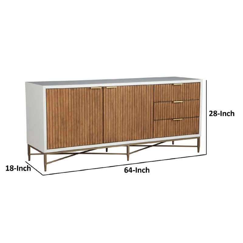 Eli 64 Inch TV Media Entertainment Center Console, 3 Drawers, White, Gold - Benzara