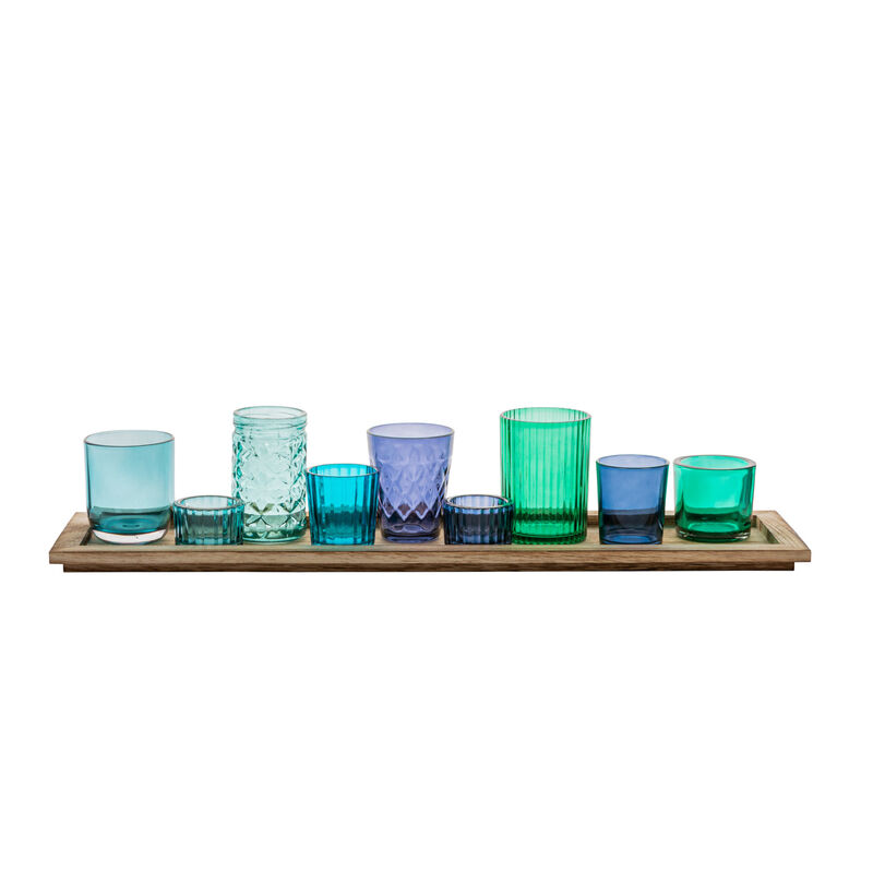 9-Piece Blue and Green Glass Votive Holders on Wood Tray, Multicolor image number 3