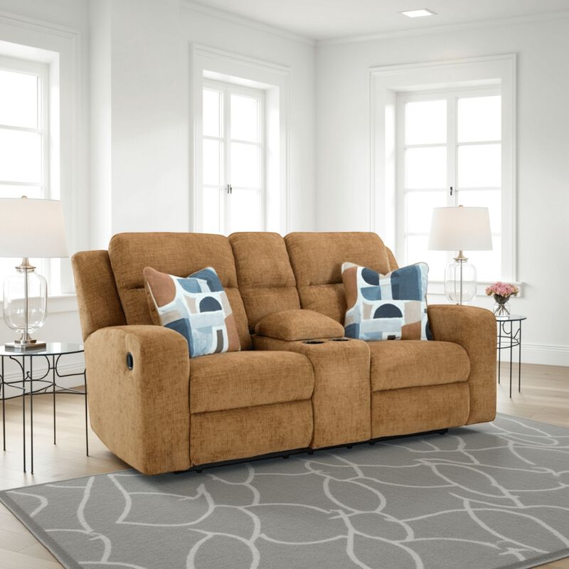 Damon Double Reclining Loveseat, Camel Brown Polyester, 2 Pillow - Benzara