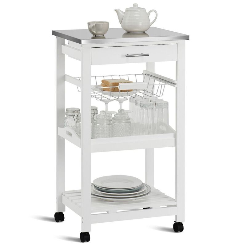 Hivvago White Kitchen Cart with Storage Drawer and Stainless Steel Top