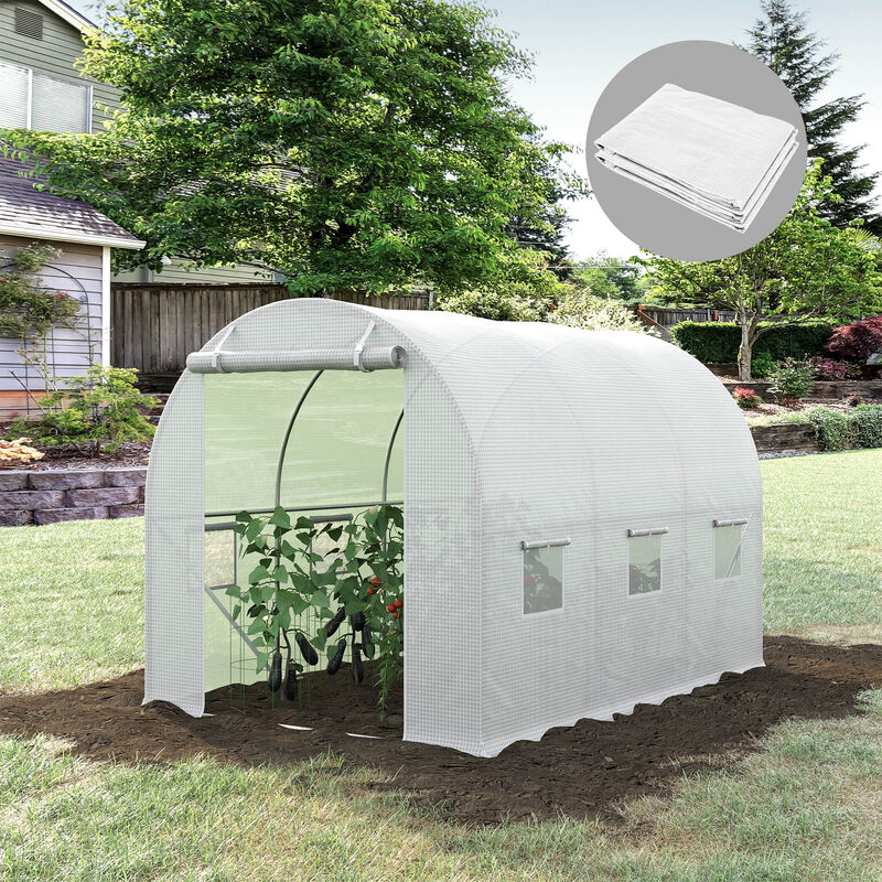 Outsunny 9.8' x 6.6' x 6.6' Plastic Greenhouse Cover Replacement, Heavy Duty Waterproof Tarp for Hoop House, Sheeting with 6 Windows, Door & Reinforcement Grid, White
