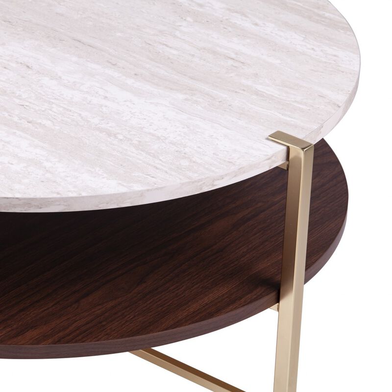 Hivvago 33 Inch  Brass Solid Manufactured Wood And Metal Round Coffee Table