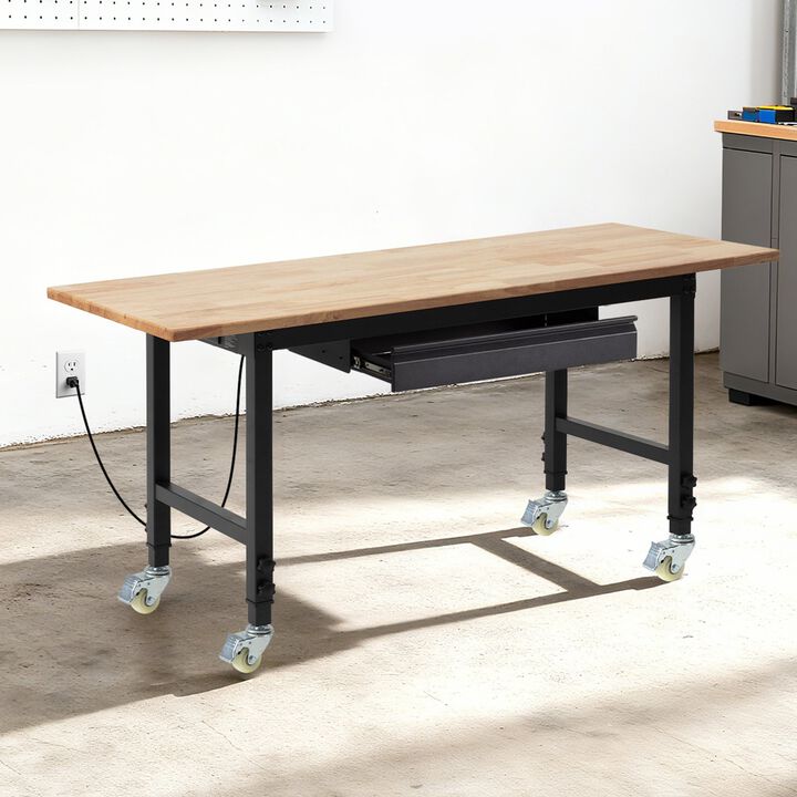 Height Adjustable Work Table with Wheels, Oak Wood Surface, Storage Drawer for Workshop Garage-Light Brown