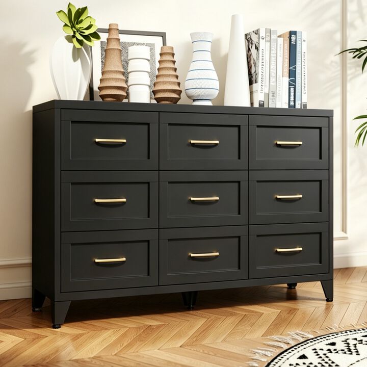 9 Drawer Dresser, Metal Chest of Drawers with Quiet Glide Rails, Modern Storage Cabinet for Bedroom, Entryway, Closet