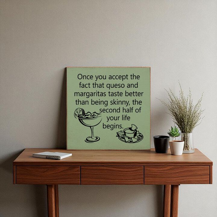 Funny Queso and Margarita Quote Wood Sign Kitchen Wall Decor