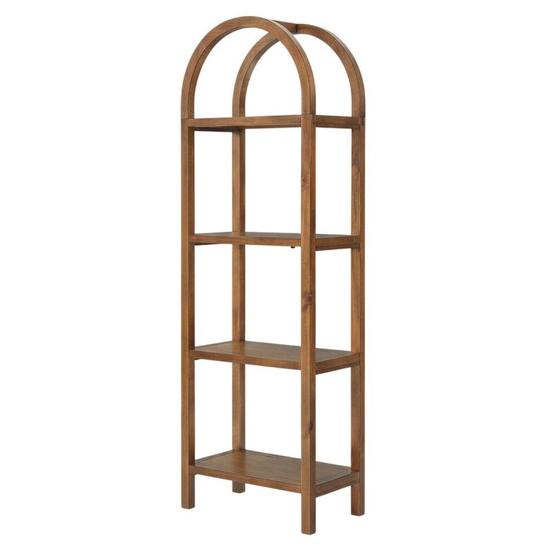 Tall brown arched bookshelf with engineered wood frame for stylish storage image number 0