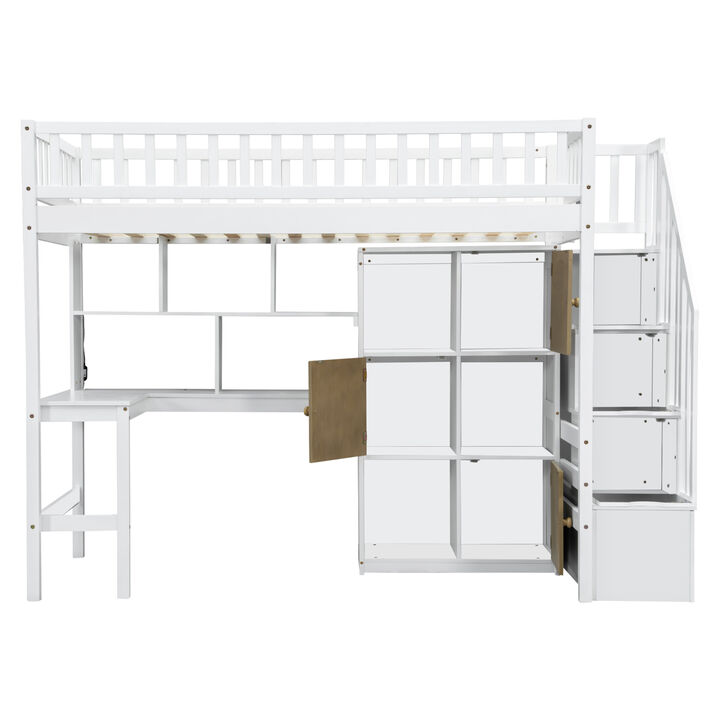 Whisen Twin Size Loft Bed with Desk, LED & Staircase, Solid Wood, for Bedroom