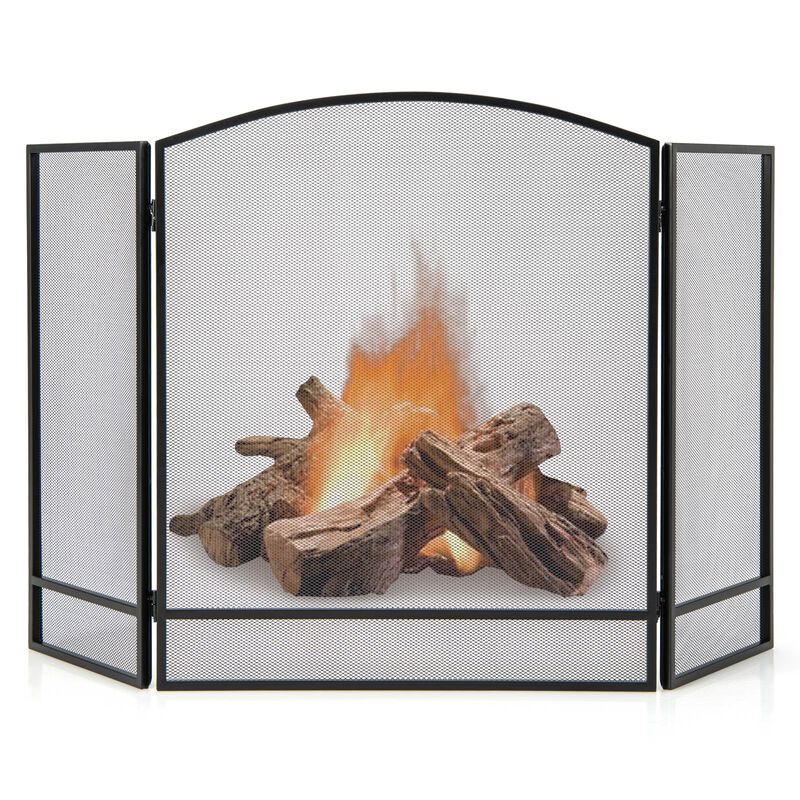 3-Panel Foldable Fireplace Screen with Wrought Metal Mesh-Black image number 3