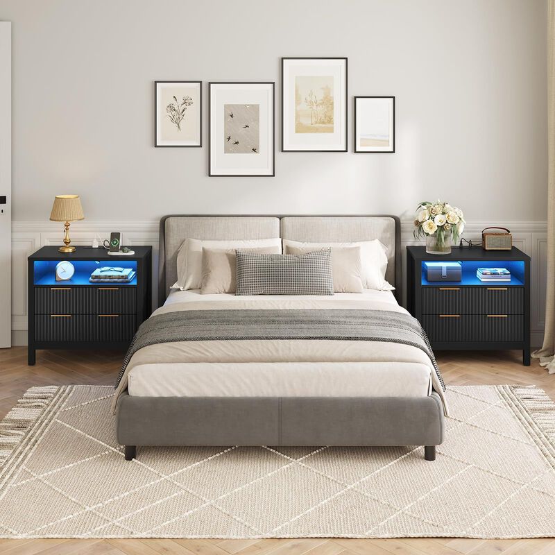Modern Wooden Nightstand with LED Lights, Charging Station and Storage Space image number 5