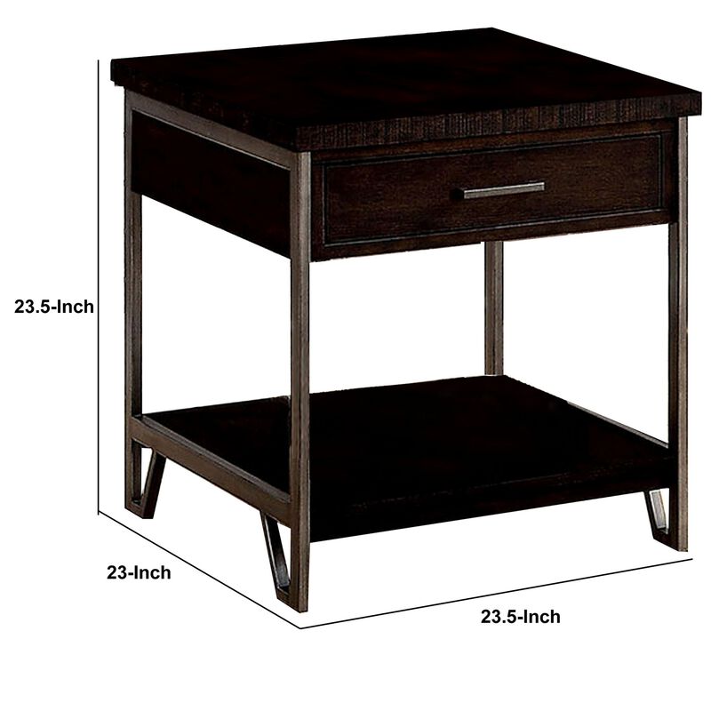 1 Drawer Wooden End Table with Metal Frame, Brown-Benzara