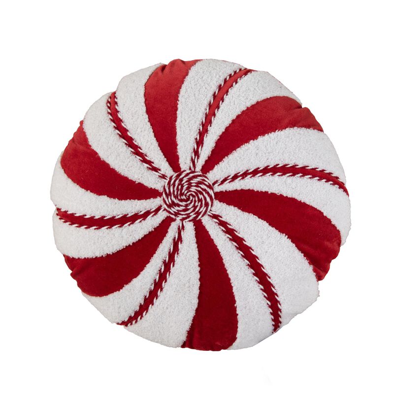 HomeRoots 16" Red And White Cotton Velvet Round Christmas Striped Throw Pillow image number 2