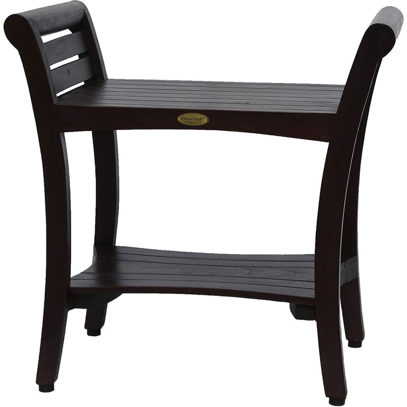 DecoTeak Symmetry 24" Teak Wood Shower Bench with Shelf and LiftAide Arms in Woodland Brown Finish