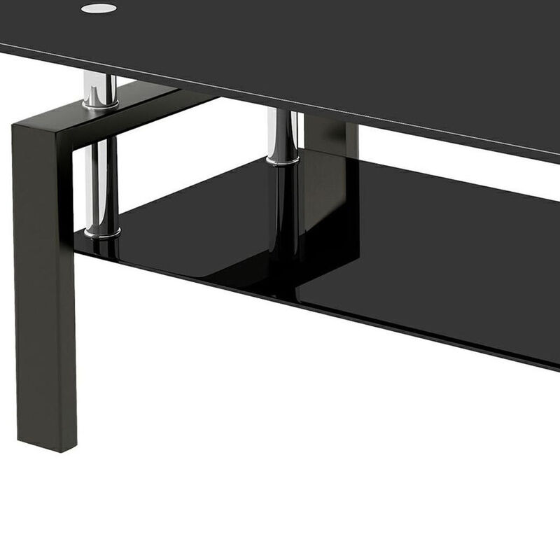 HomeRoots 39" Black Glass and Steel Coffee Table With Shelf image number 2