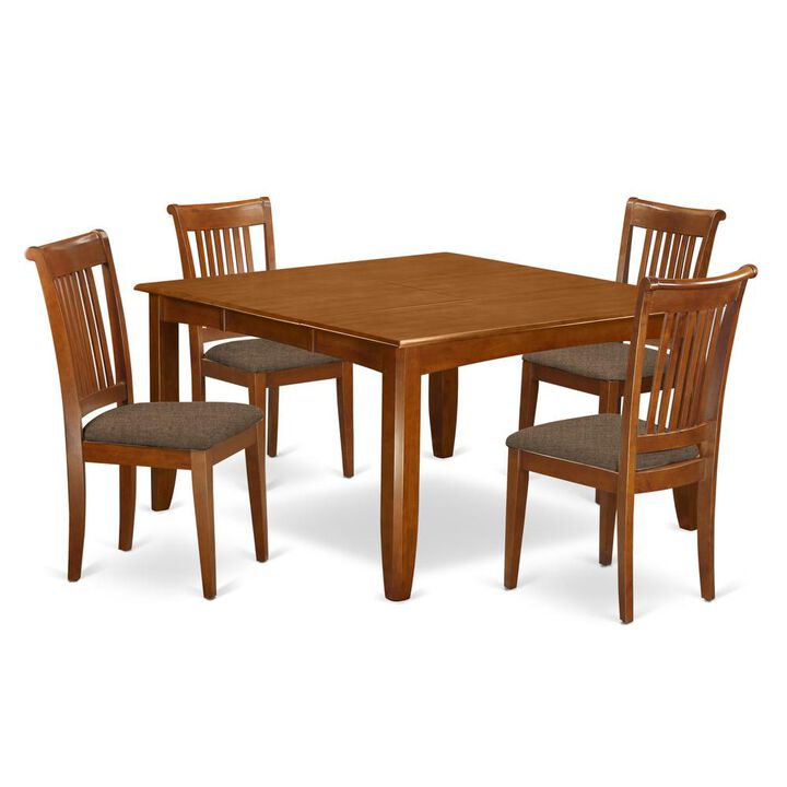 East West Furniture PFPO5-SBR-C 5 Pc Dining room set for 4-Square Dining Table with Leaf and 4 Dining Chairs