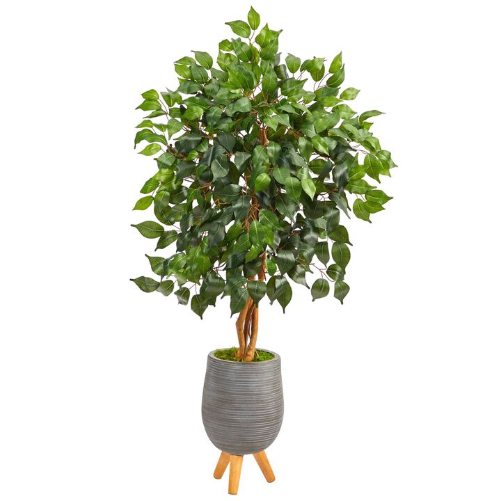 Nearly Natural 4-ft Ficus Artificial Tree in Gray Planter with Stand