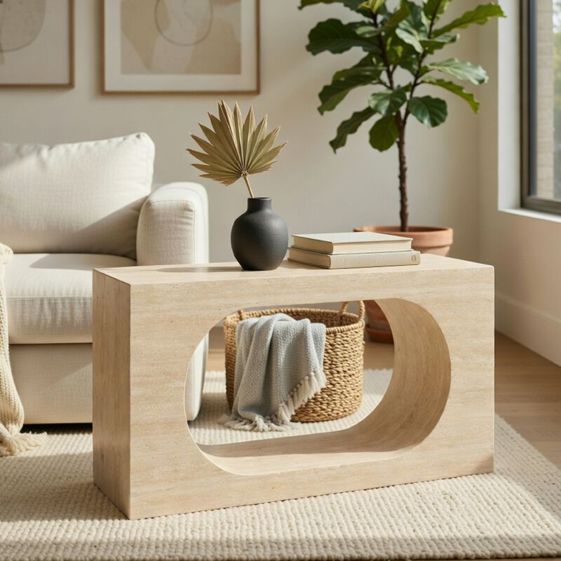 Pia Console Table, Oval Cutout Center, Beige Travertine Stone 59 Inch image number 1