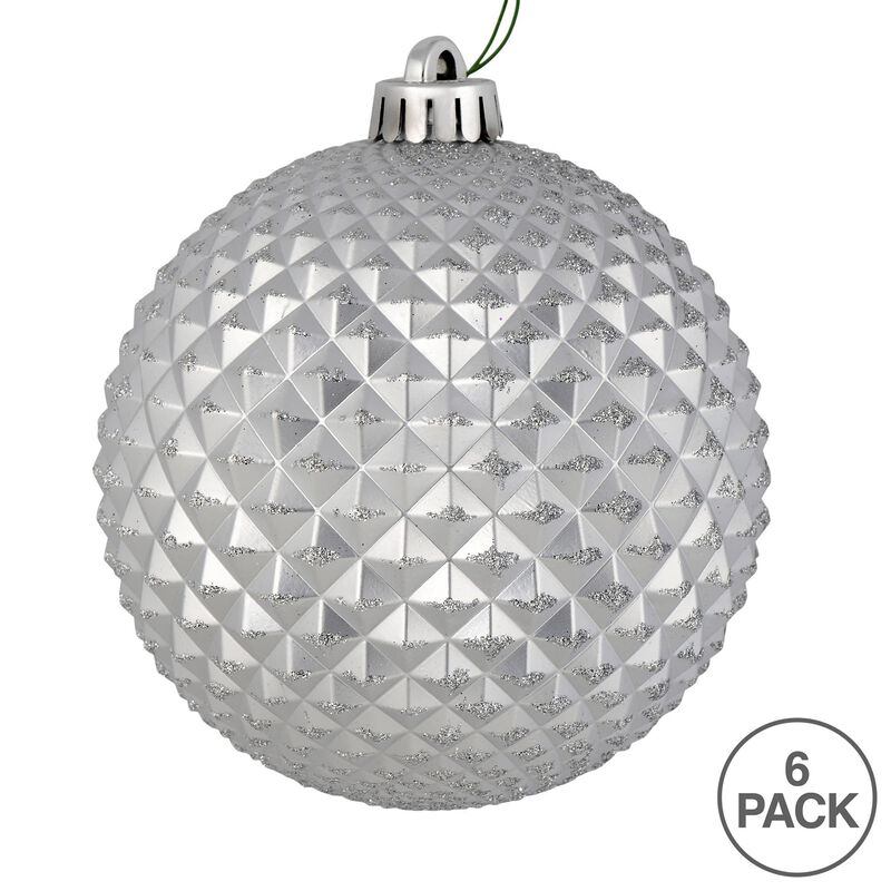 Vickerman 4" Silver Durian Glitter Ball Christmas Ornament - 6 per Pack - Silver Durian Ball with Glitter Accent - Shatterproof Plastic - Holiday Christmas Tree Decoration - Reliable and Durable image number 2