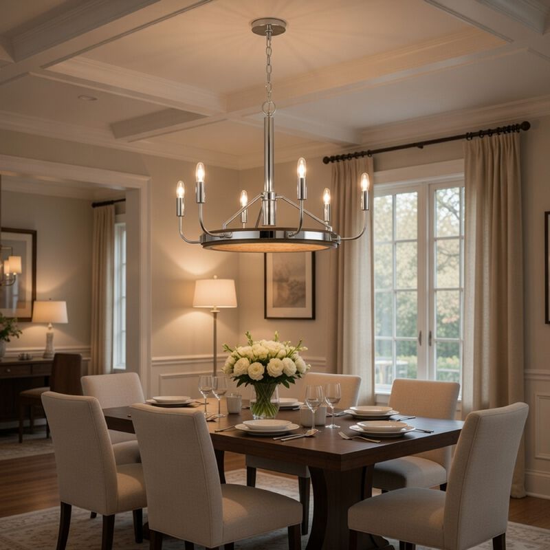 6-Light Candelabra Chandelier with LED, Chrome and Oak Wood, 26 Inch image number 8