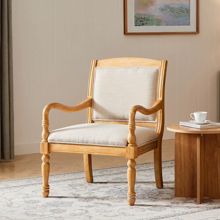 Merax Solid Wood Accent Chair with Cylindrical Spindle Legs, Carved Details, Durable Polyester Upholstery