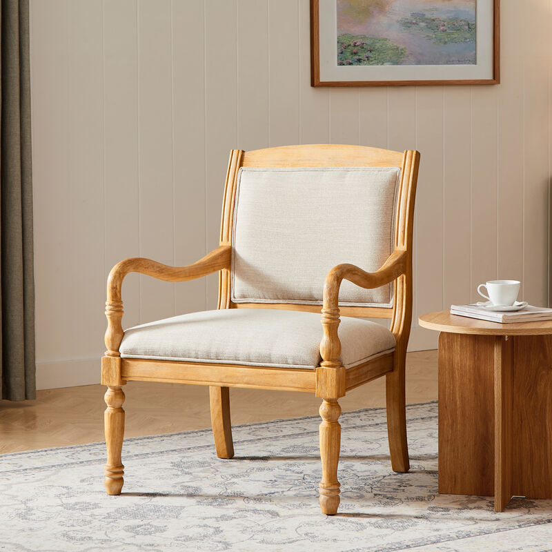 Merax Solid Wood Accent Chair with Cylindrical Spindle Legs, Carved Details, Durable Polyester Upholstery image number 1