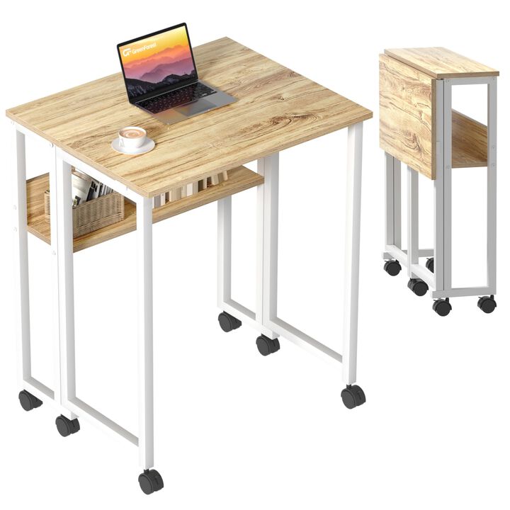 GreenForest Folding Desk Small Rolling Desk with Storage Shelf,31.5 inch Foldable Computer Desk with Wheels for Small Space,Easy