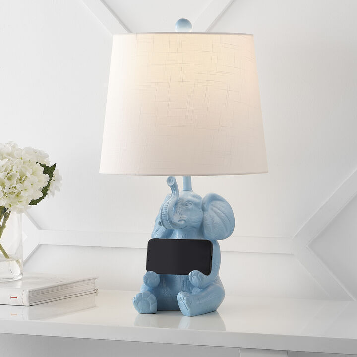 Kairi 21" Modern Shabby Chic Resin/Iron Happy Elephant LED Kids' Table Lamp with Phone Stand, Blue