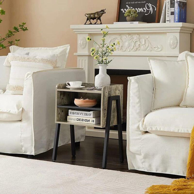 Hivvago Modern Industrial Grey Wood Black Metal Side Table Nightstand End Table