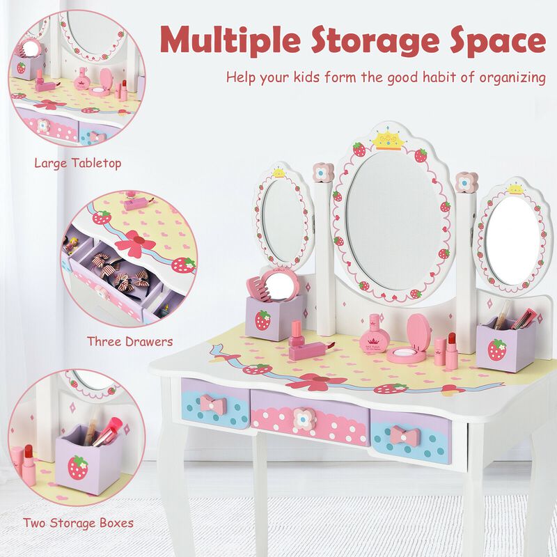 Kids Vanity Princess Makeup Dressing Table Chair Set with Tri-fold Mirror