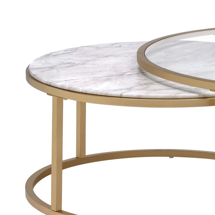 Metal Framed Nesting Coffee Tables with Glass and Marble Tops, Set of Two, Gold-Benzara