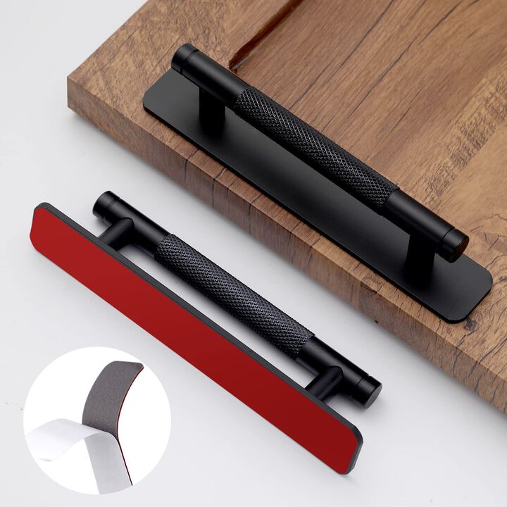 Westablize 12 Pack 5 Inch 128 mm Self-Adhesive Matte Black Barrel Knurled Cabinet Handles with Base Plate Aluminum Cabinet Pulls