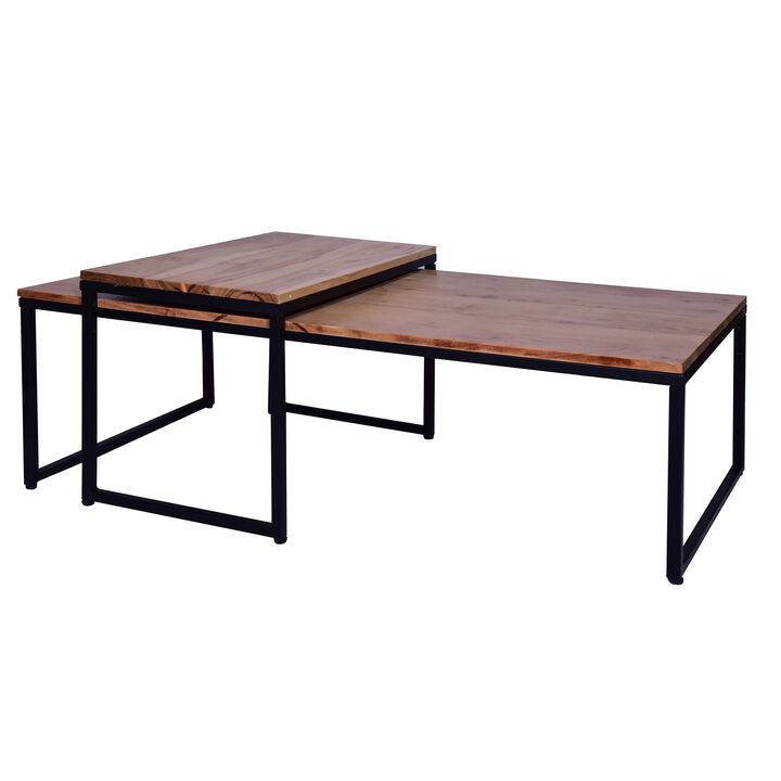 48, 27 Inch 2 Piece Rectangular Wood Nesting Coffee and End Table Set, Sled Metal Base, Brown, Black-Benzara