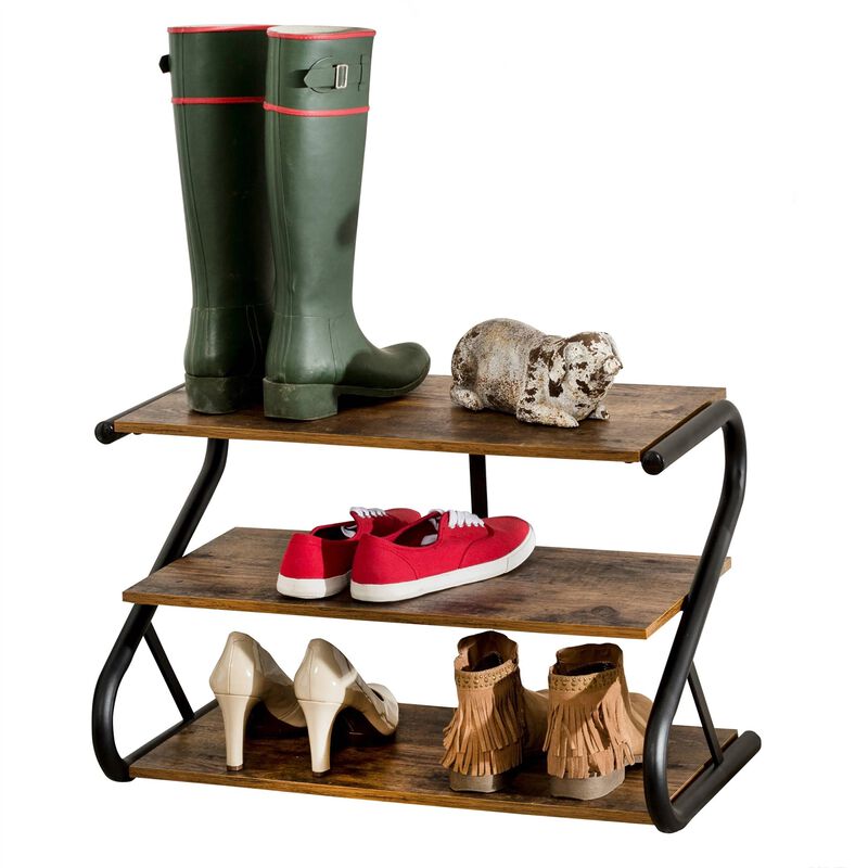 Hivvago Modern Industrial Metal Wood 3 Tier Shoe Rack   Holds up to 9 Pair of Shoes