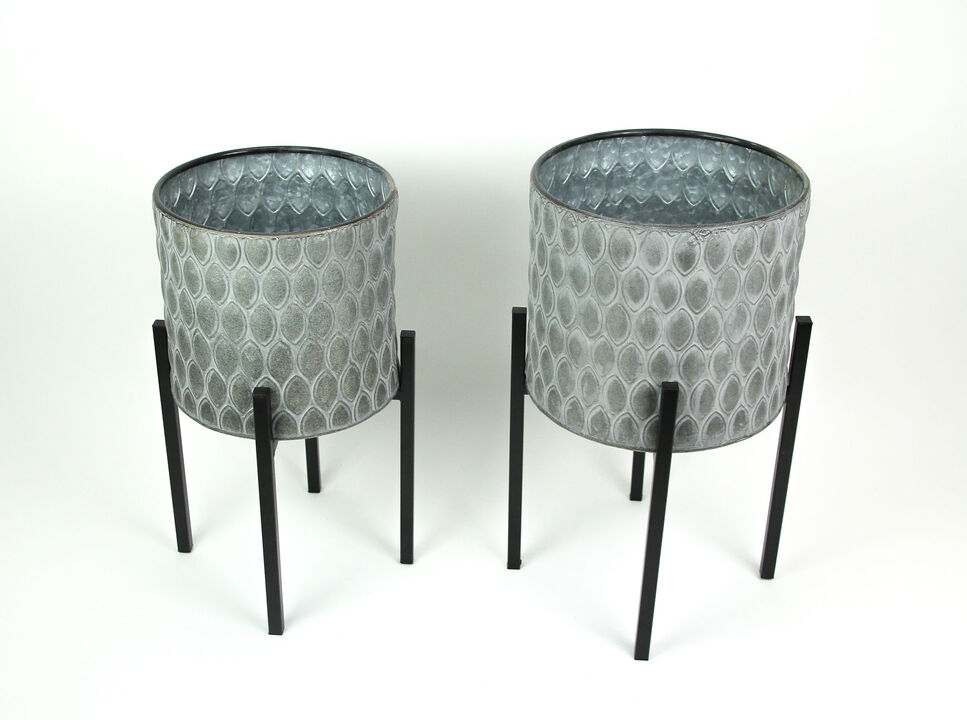 Set of 2 Galvanized Zinc Finish Leaf Pattern Metal Planters With Wooden Stands