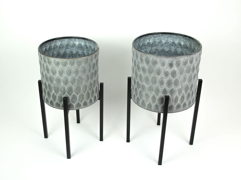 Set of 2 Galvanized Zinc Finish Leaf Pattern Metal Planters With Wooden Stands image number 1