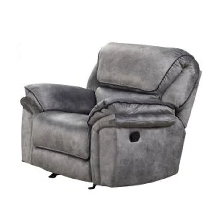 Remma Manual Glider Recliner Chair, Gray Faux Leather, Pillow Arms - Benzara